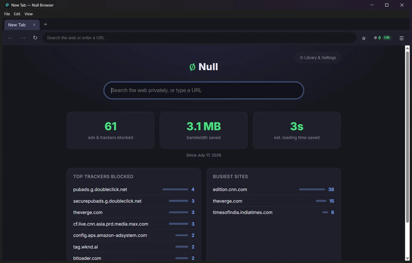 Null Browser home dashboard on first open