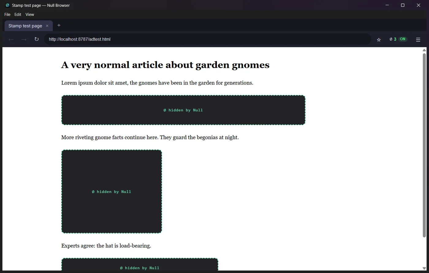 A page with three former ad slots showing ∅ hidden by Null tiles