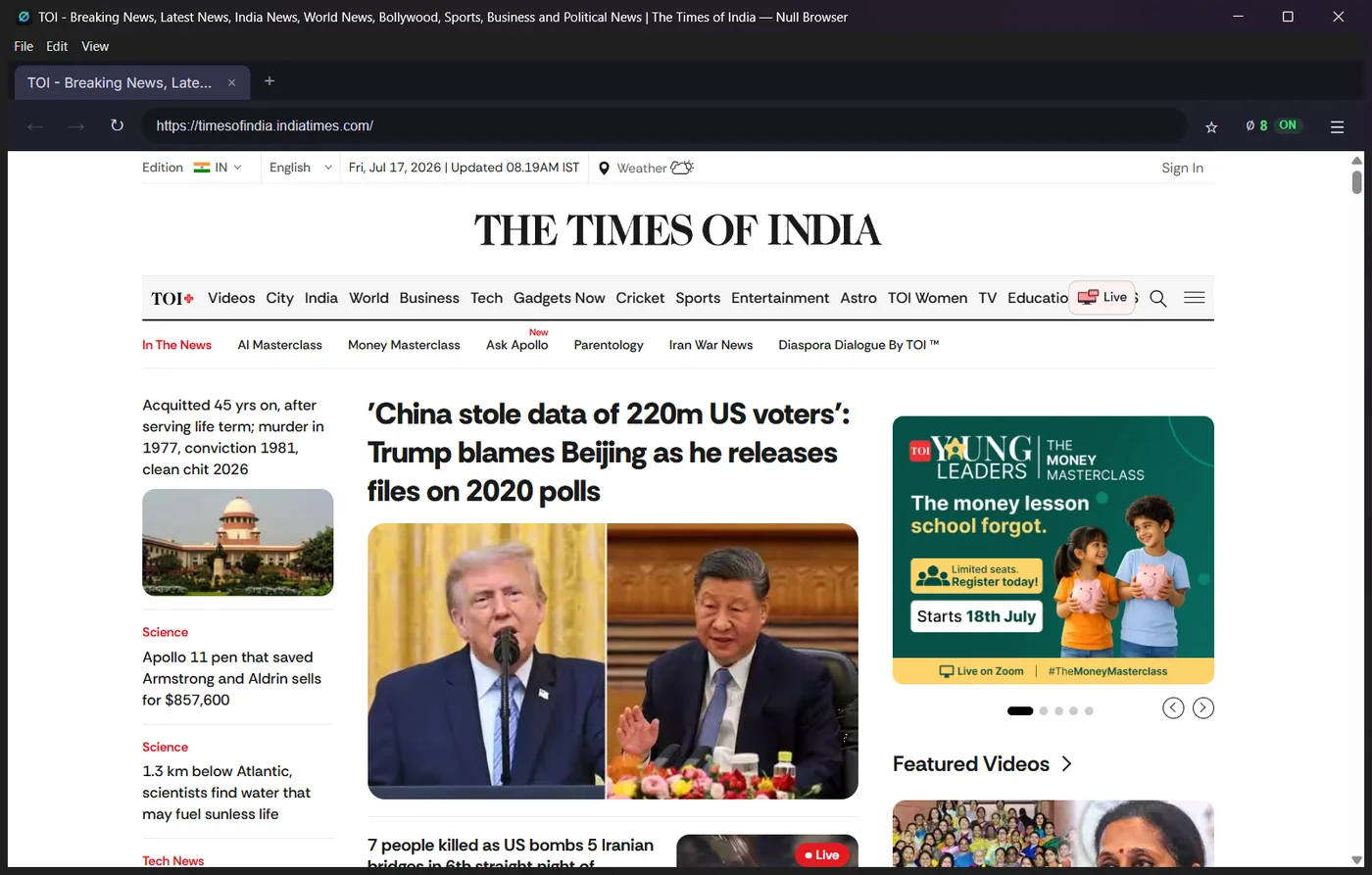 Times of India open in Null Browser with 8 ads and trackers blocked