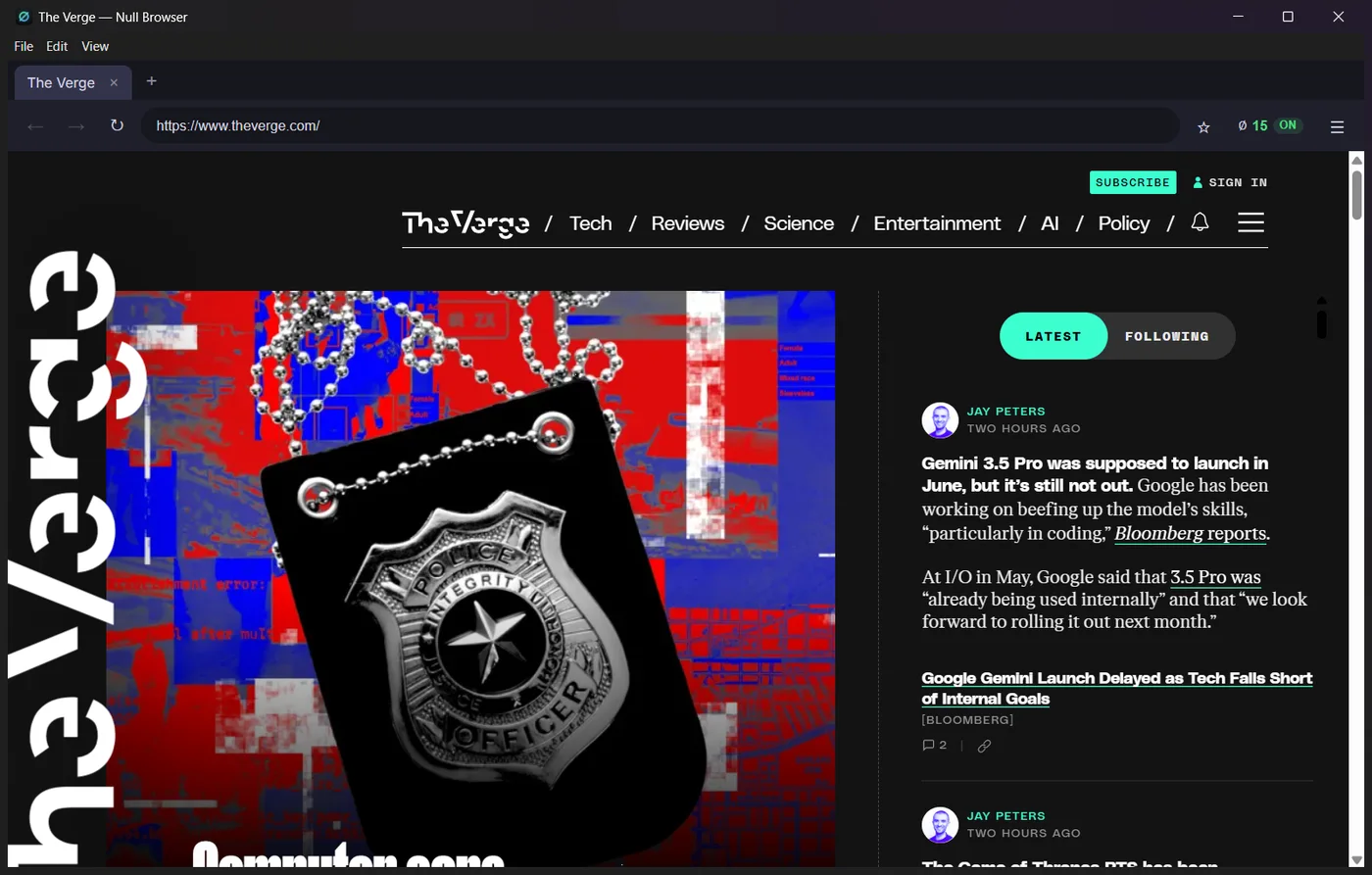 The Verge open in Null Browser with 15 ads and trackers blocked